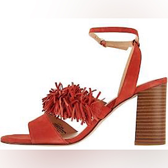 NIB C Wonder Slingback Tomato Red Wood Block Heels Leather Suede Fringe Sandal 8 - Picture 2 of 15